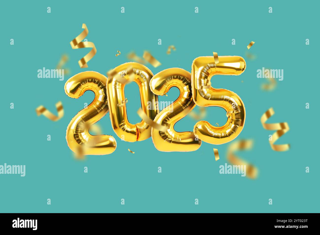 Happy new year 2025 golden balloons with gold confetti on a green ...