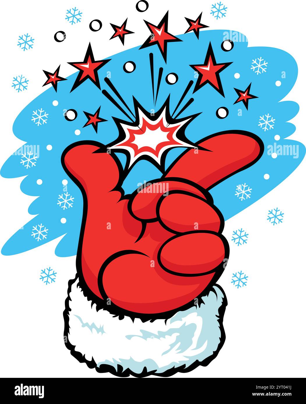 Hand of Santa Claus in red glove makes a magic snap of his fingers. Christmas magic, festive mood. Vector on transparent background Stock Vector