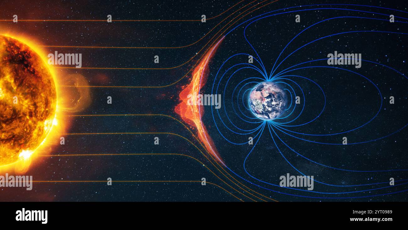 Earth's magnetic field. Sun-Earth connection space weather. Blasts of perticles and magnetic field from the sun impact magnetosphere. Magnetic bubble Stock Photo