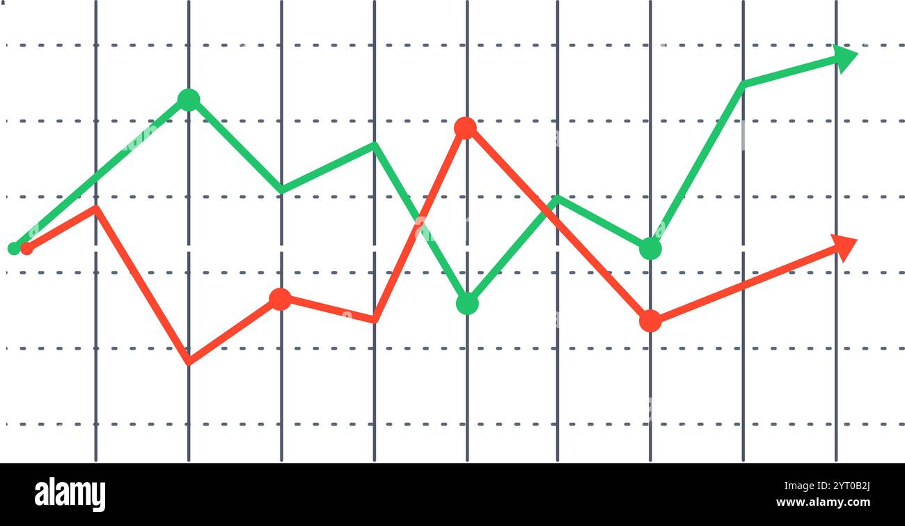 Two lines are representing increasing and declining trends over a grid ...