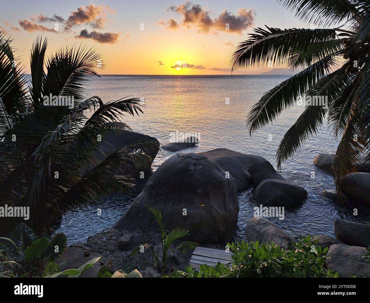 Sunset view with palm trees and rocks on Mahé, Seychelles. Stock Photo