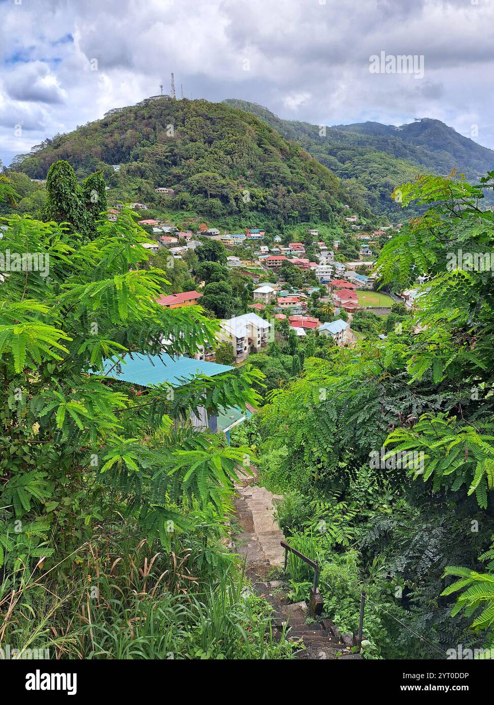 High view onto Victoria, Seychelles. Stock Photo