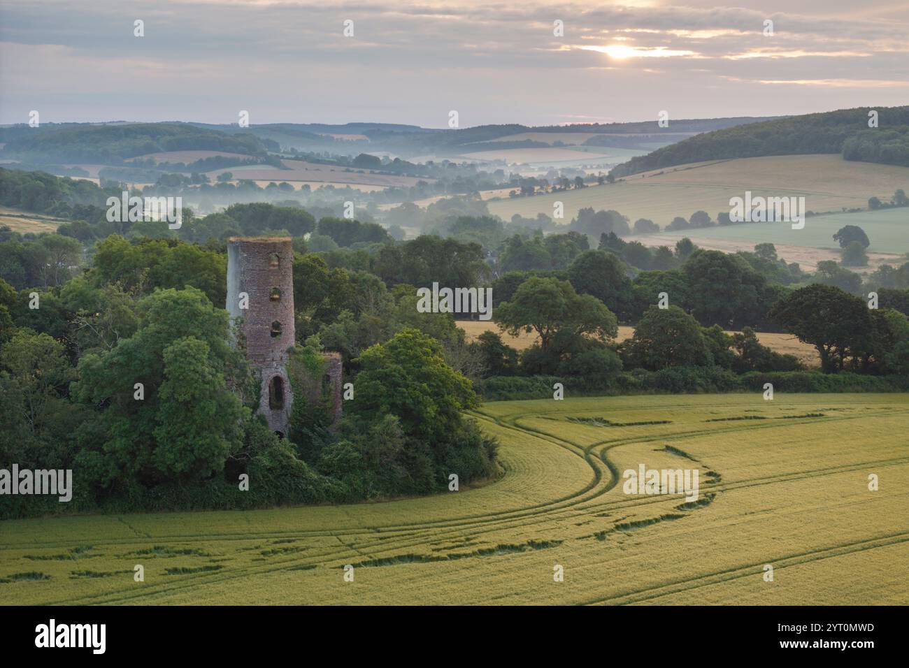 Aerial view of Racton Monument, a folly near Chichester in West Sussex, England.  Summer (July) 2024. Stock Photo