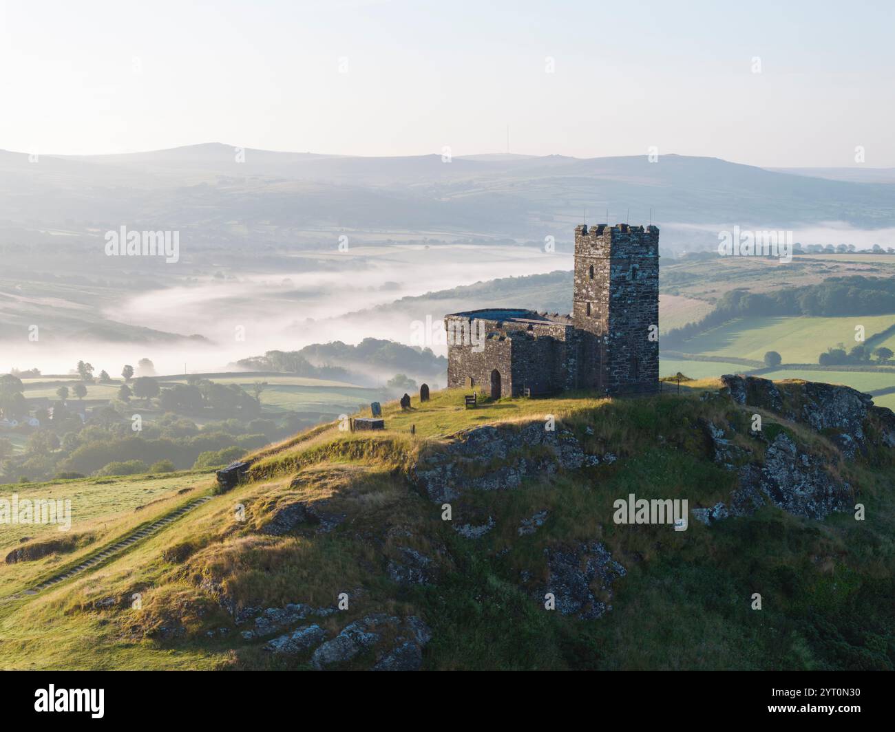 Aerial view of St Michael De Rupe church on Brentor, Dartmoor National ...