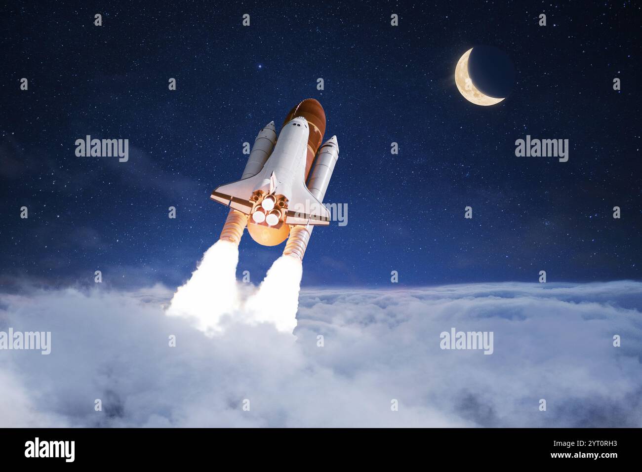 Space shuttle rocket successfully takes off through the clouds towards ...