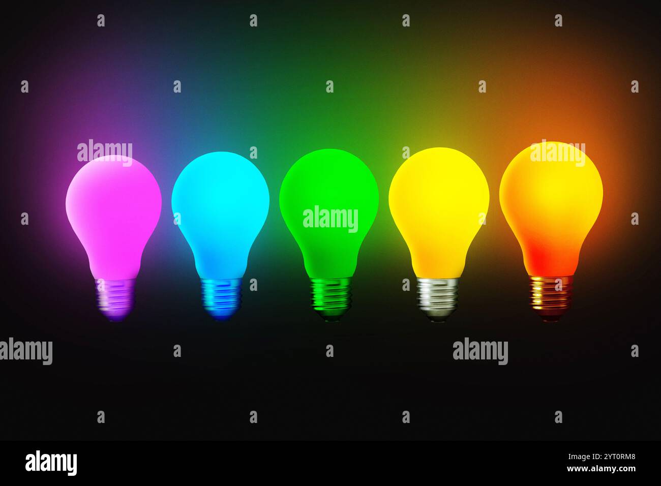 Creative colored light bulbs glow on a black background. Think differently, concept. Creative thinking. Different idea and concept Stock Photo