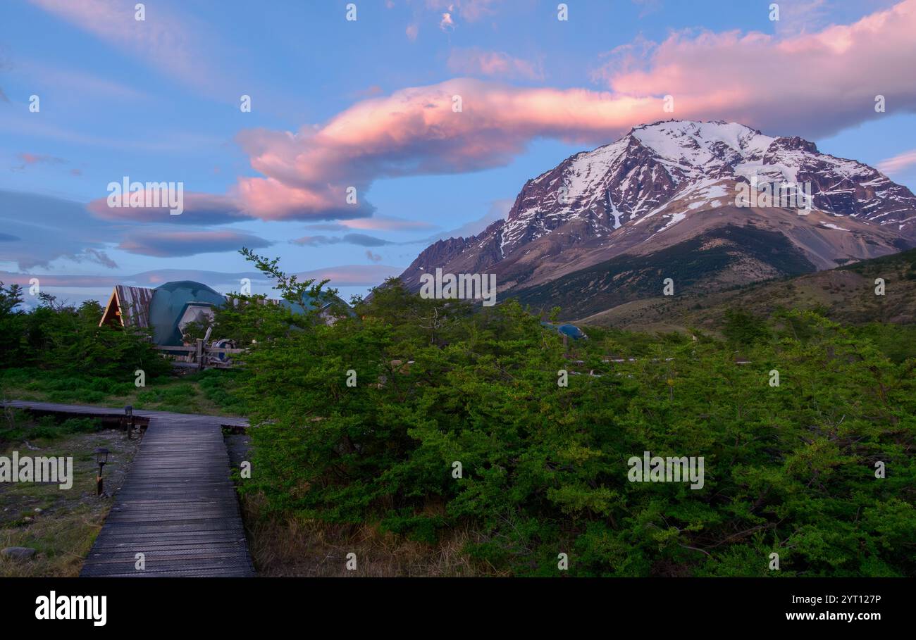 Early dawn on EcoCamp in the Torres del Paine in the Patagonian Andes of southern Chile Stock Photo