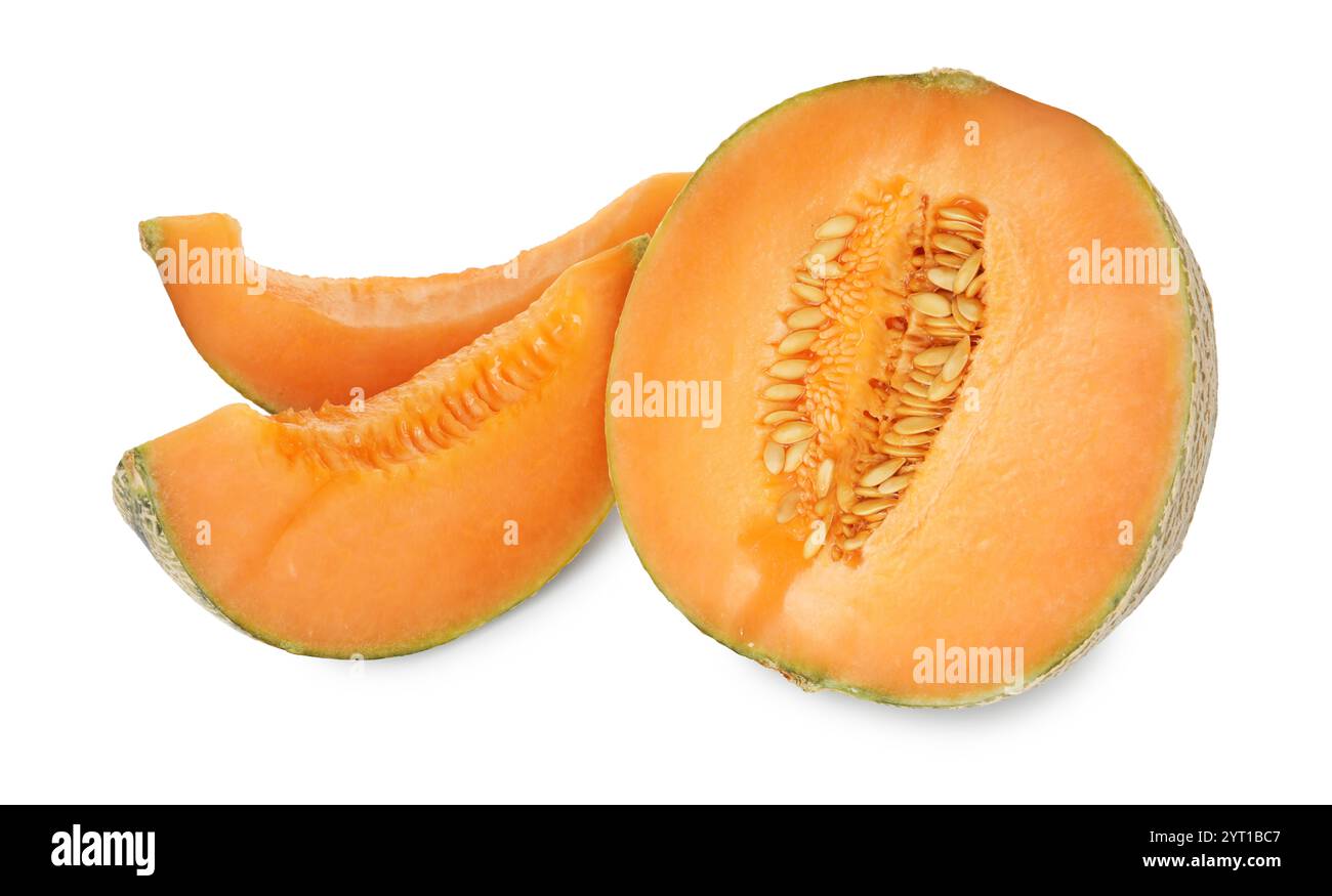 Pieces of Cantaloupe melon isolated on white Stock Photo - Alamy
