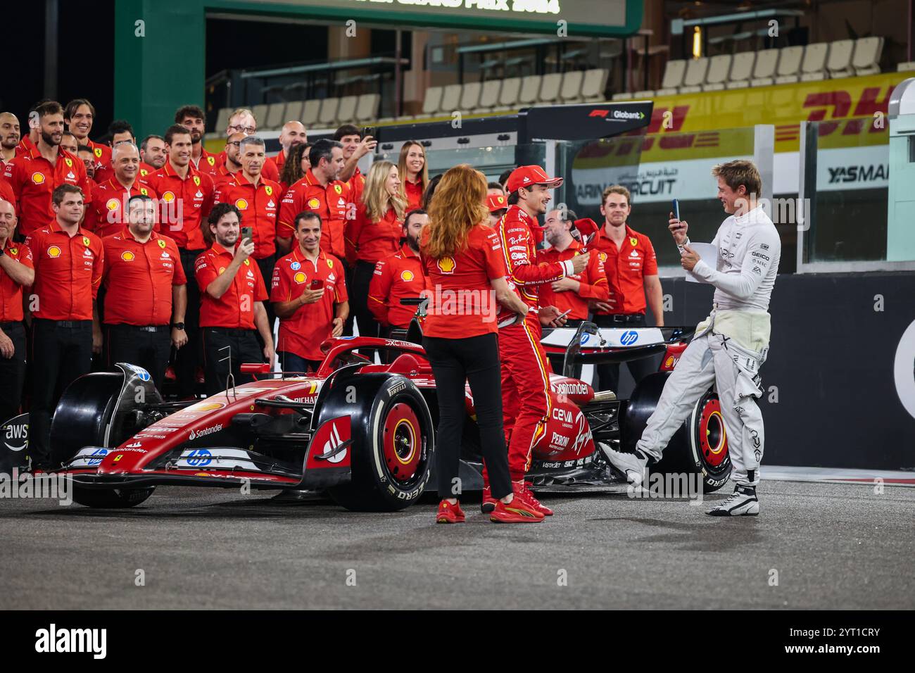 PITT Brad (USA), actor playing Sonny Hayes, driver of the fictional APX GP team in the Apex F1 movie by Apple Studios / Bruckheimer Films, LECLERC Charles (mco), Scuderia Ferrari SF-24, portrait during the Formula 1 Etihad Airways Abu Dhabi Grand Prix 2024, 24th round of the 2024 Formula One World Championship from December 6 to 8, 2024 on the Yas Marina Circuit, in Abu Dhabi, United Arab Emirates Stock Photo