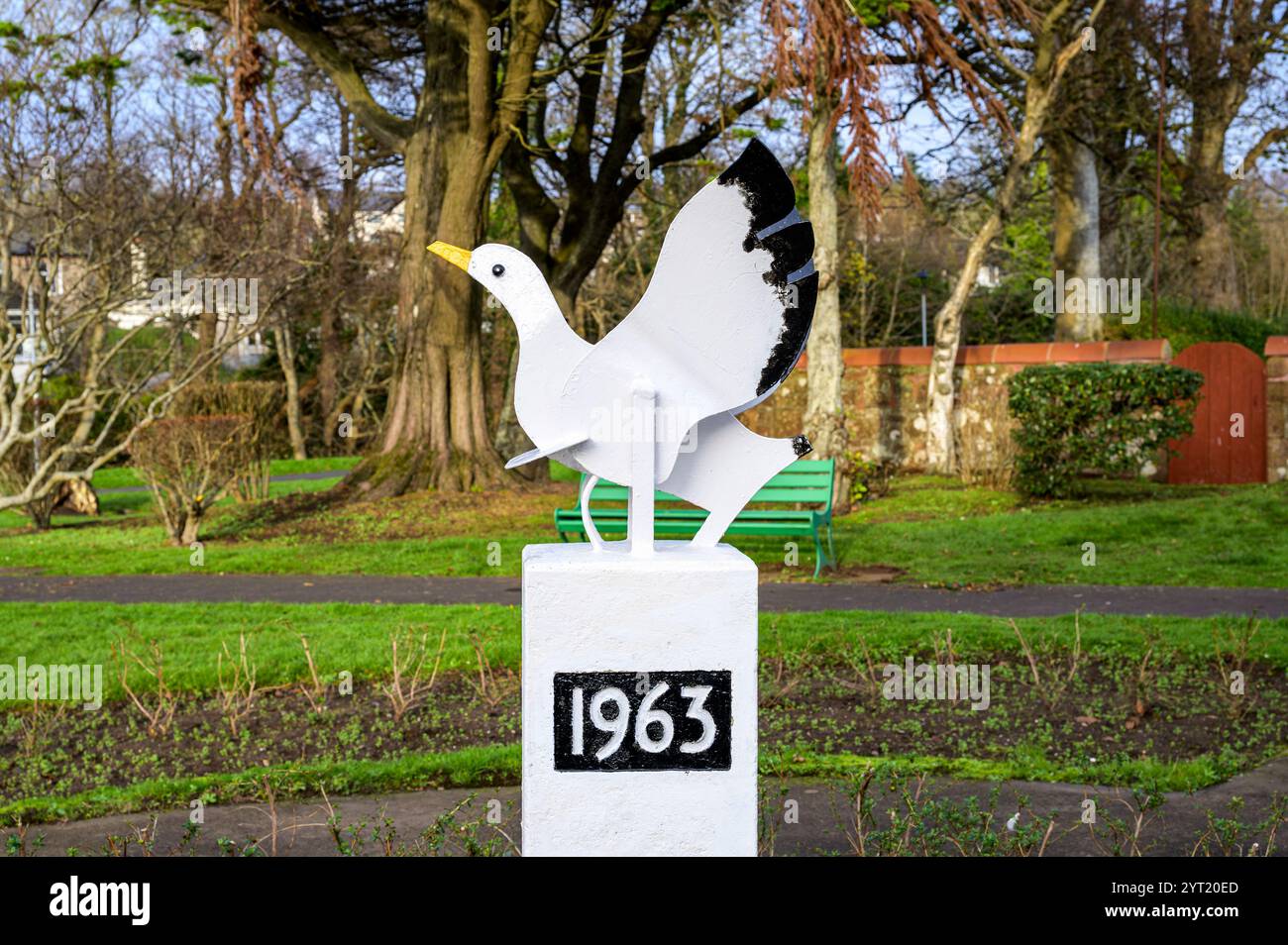 Swan sculpture commemorating the opening of Aubery Park in 1963, Largs, North Ayrshire, Scotland, UK, Europe Stock Photo