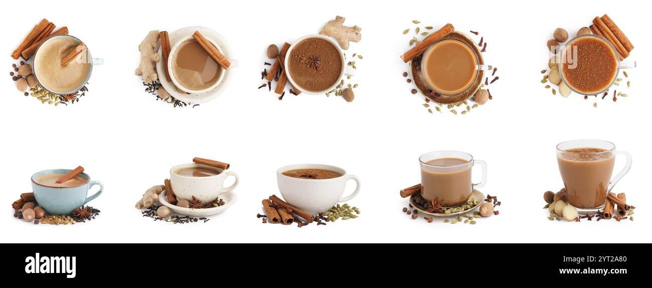 Collage of cups with aromatic masala tea on white background Stock ...