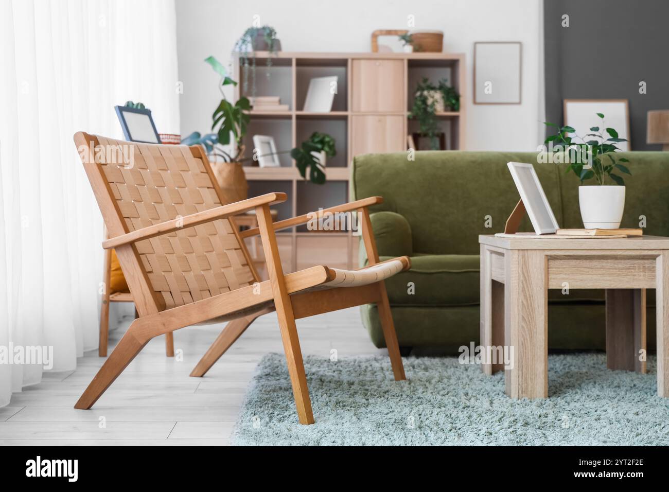 Interior of living room with green sofa, armchair and plants Stock ...