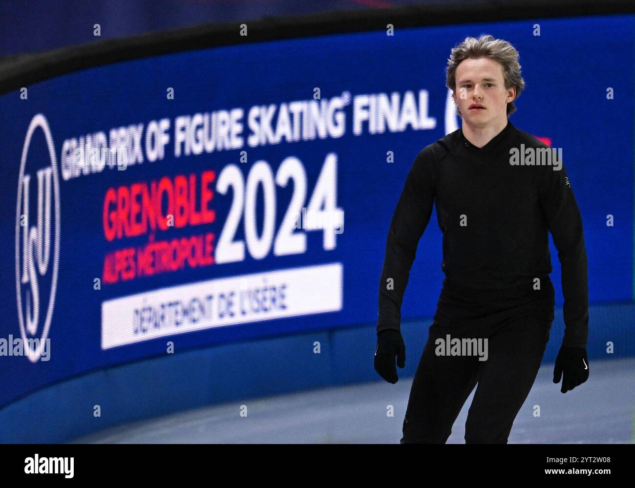 American figure skater Ilia Malinin practices prior to the ISU Grand