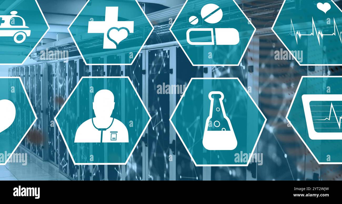 Image of medical icons and data processing over computer servers Stock Photo