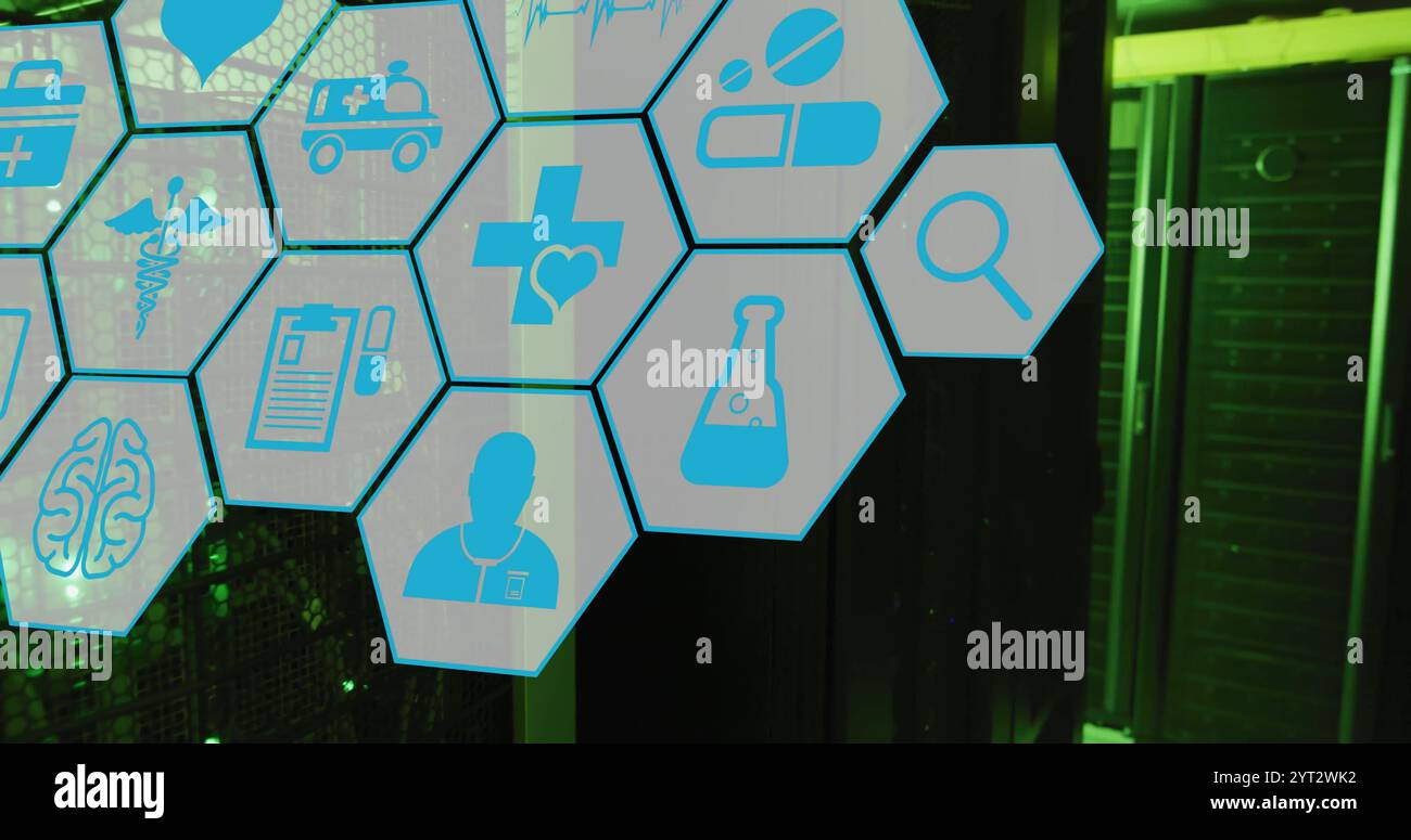 Image of medical icons and data processing over computer servers Stock ...