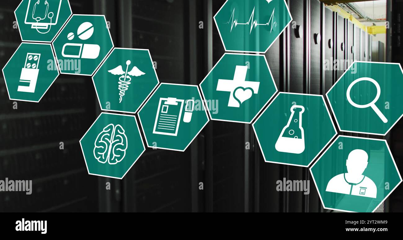 Image of medical icons and data processing over computer servers Stock ...