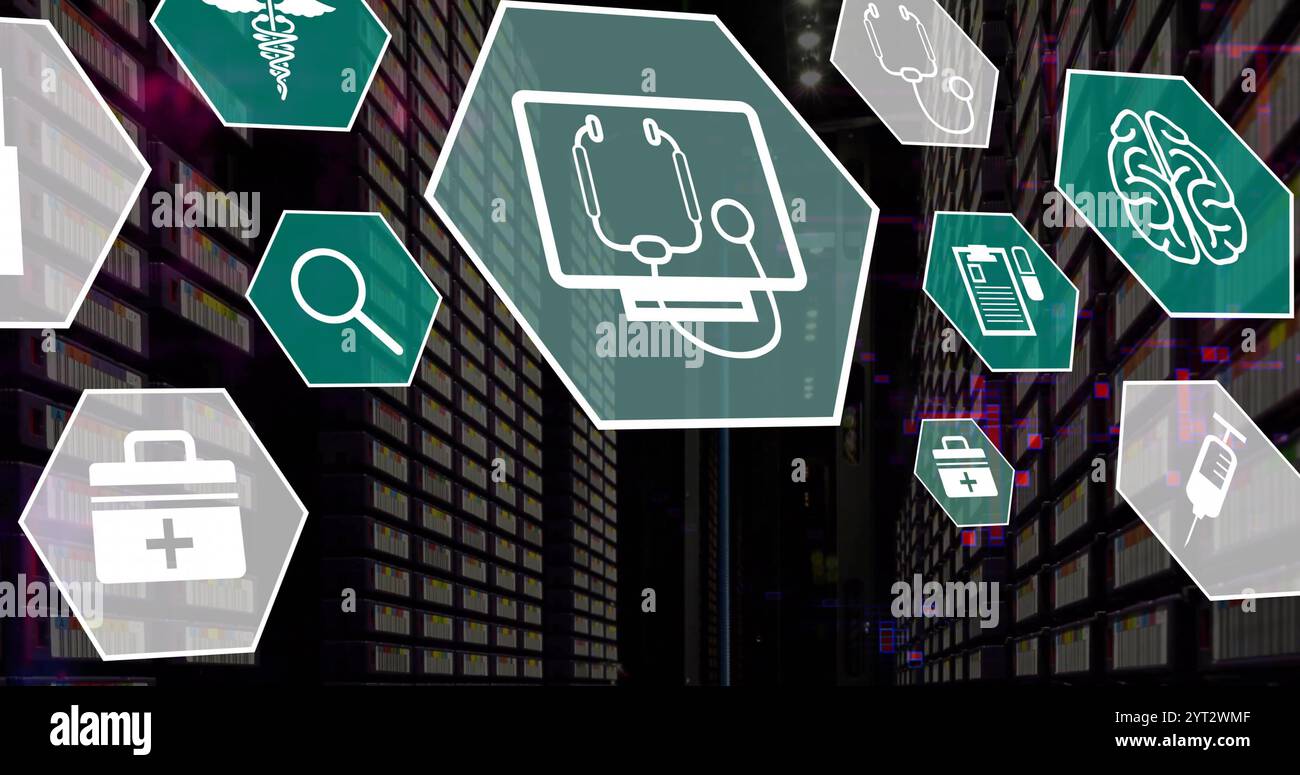 Image of medical icons and data processing over computer servers Stock ...
