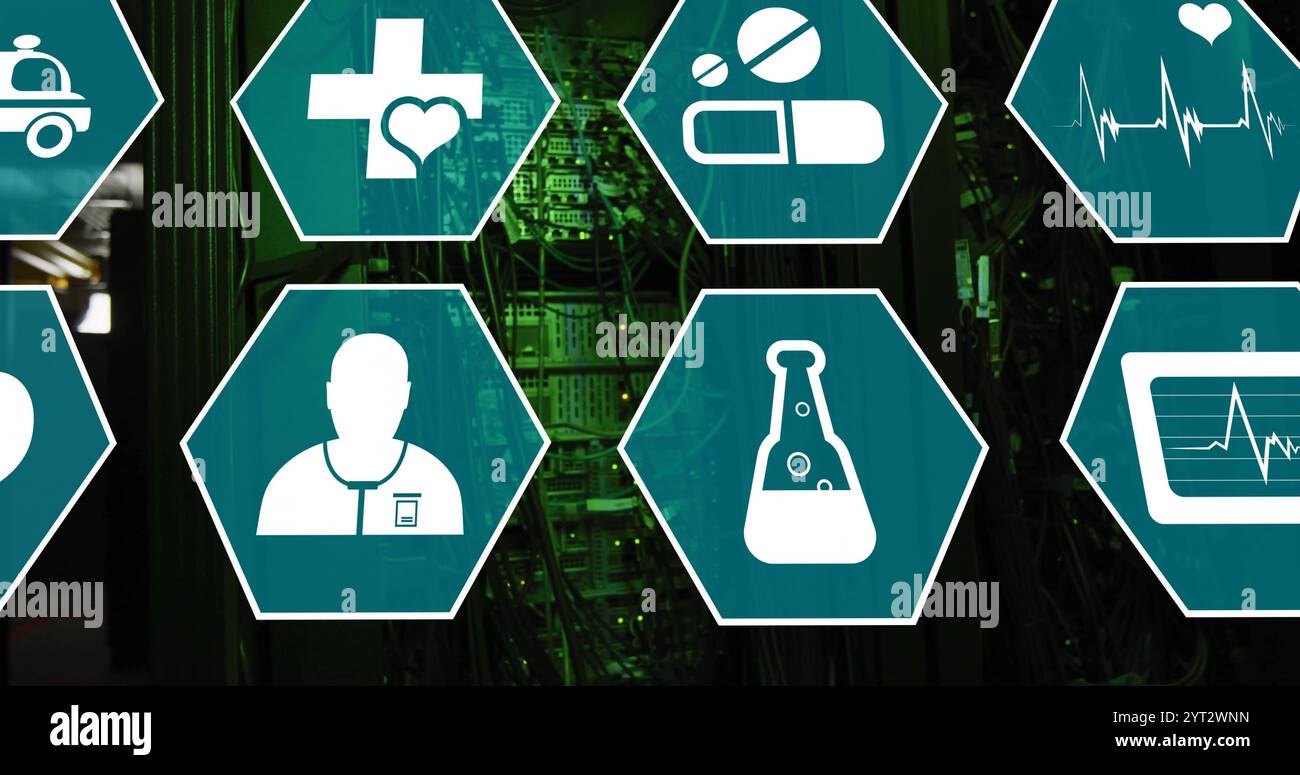 Image of medical icons and data processing over computer servers Stock ...