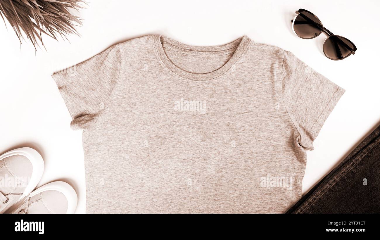 Light brown unisex t shirt mock up flat lay on white background. Colour ...