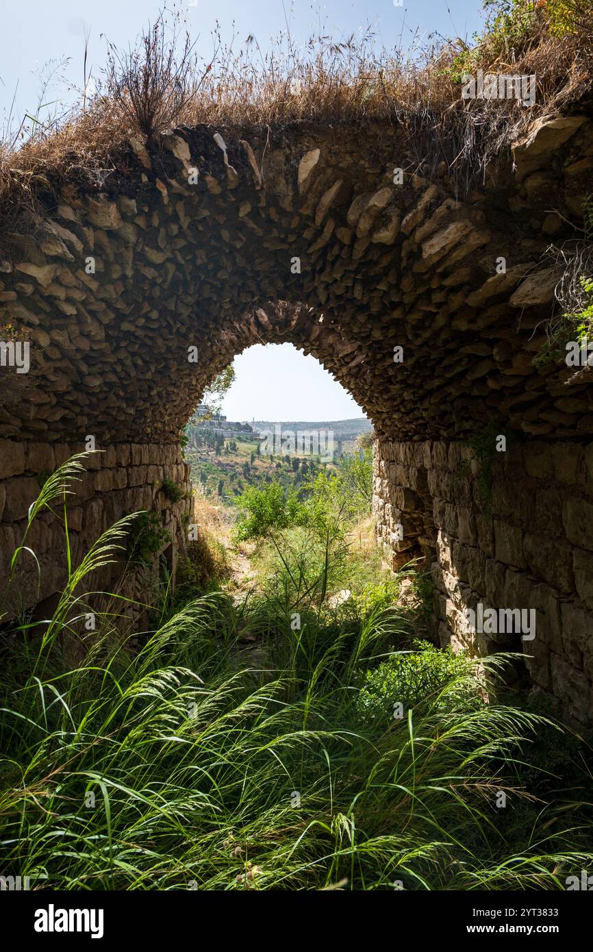 Ancient Stone Arch Ruins Overgrown with Vegetation in Lifta Village ...