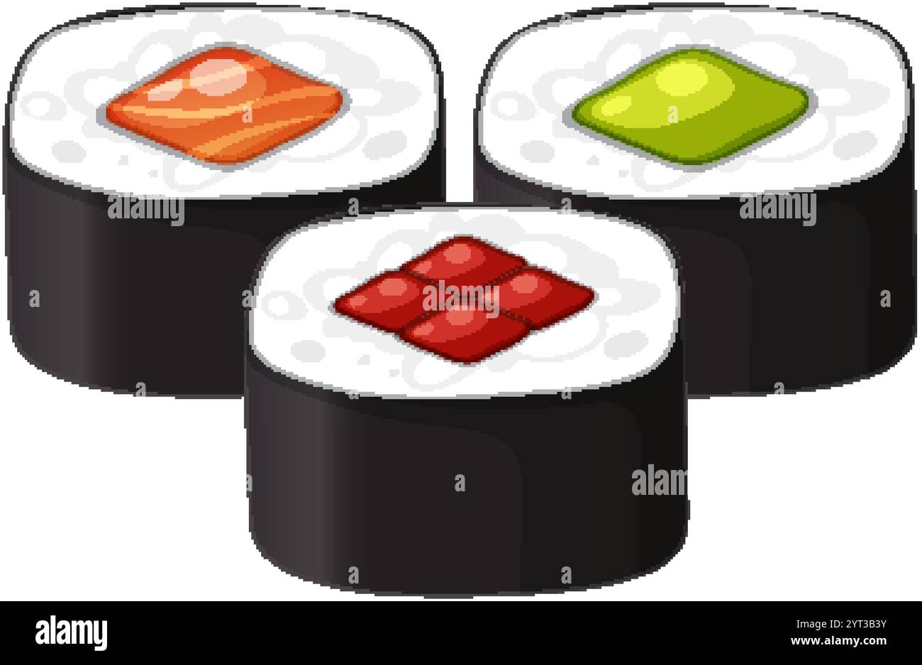 Three sushi rolls with vibrant toppings displayed Stock Vector