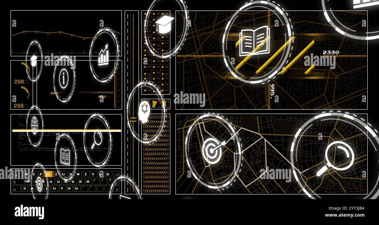 Image of digital icons and data processing over dark backgorund Stock Photo
