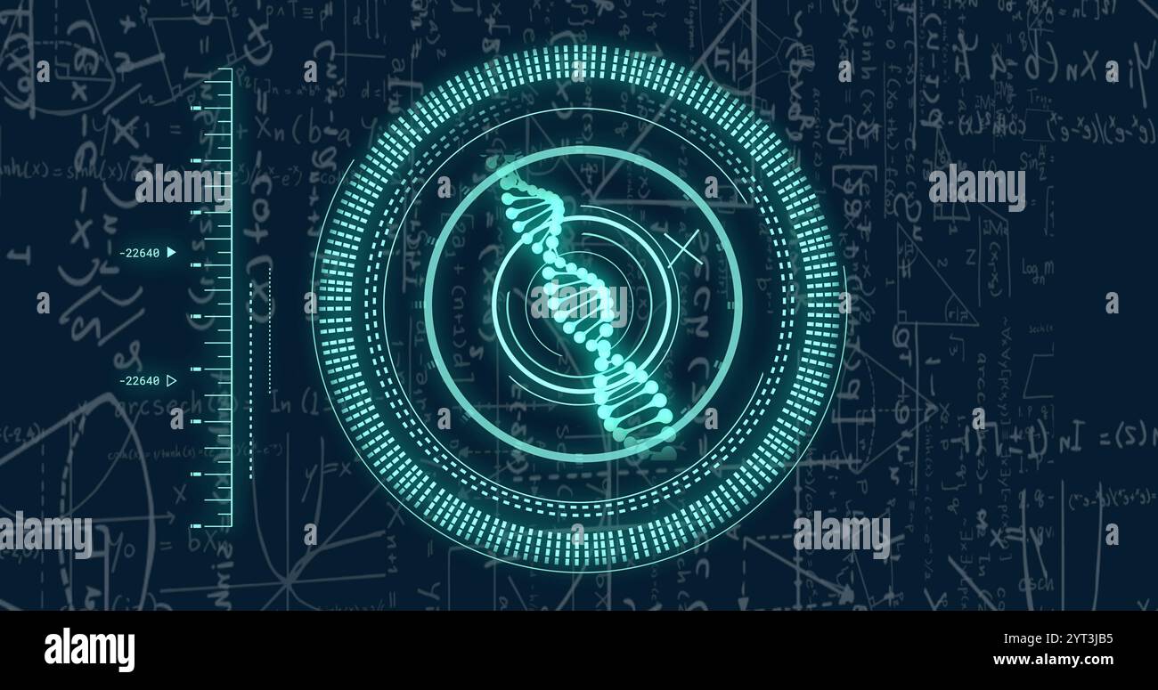 Image of data processing and dna strand over mathematical equations ...