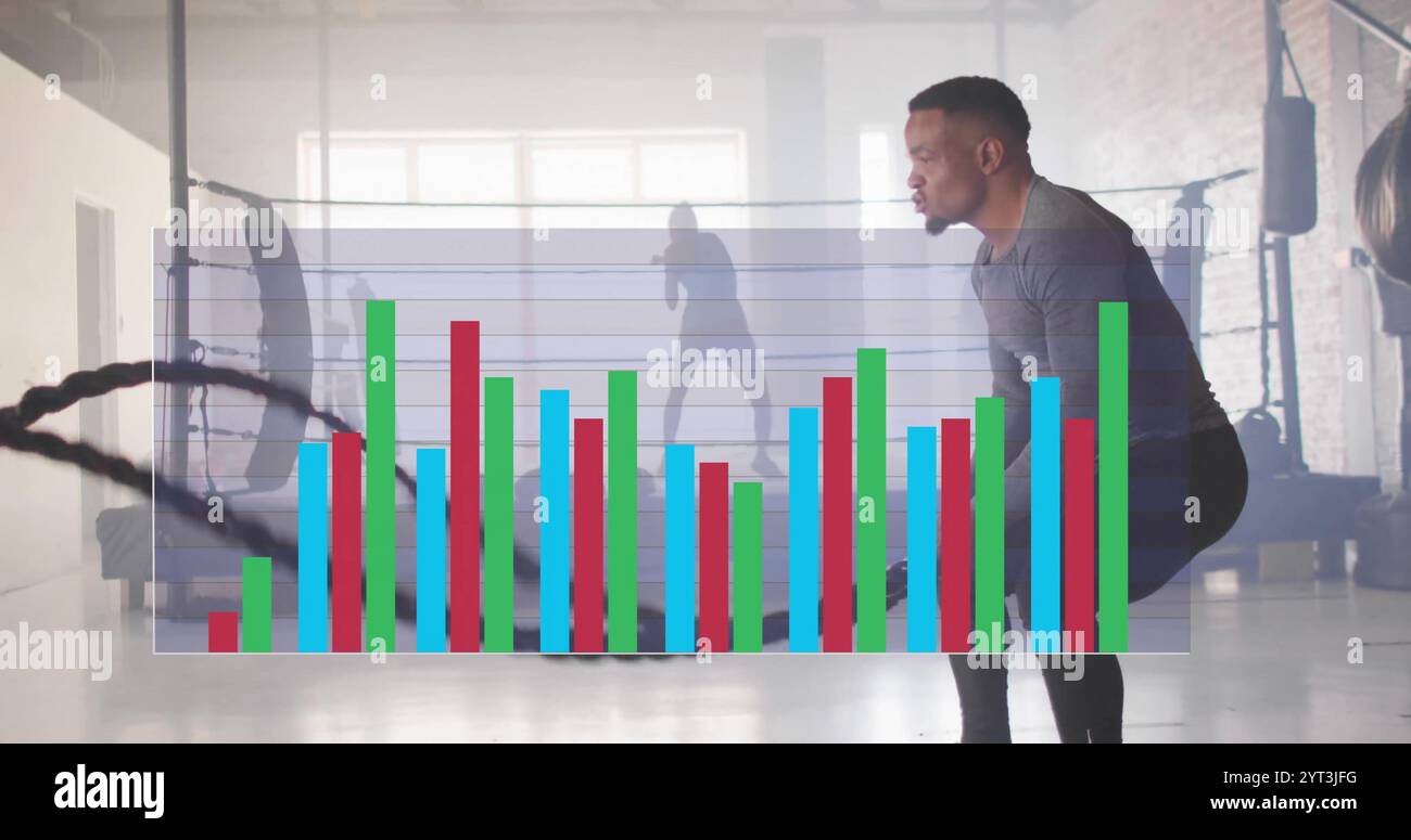 Image of data processing and diagrams over biracial man exercising with ...
