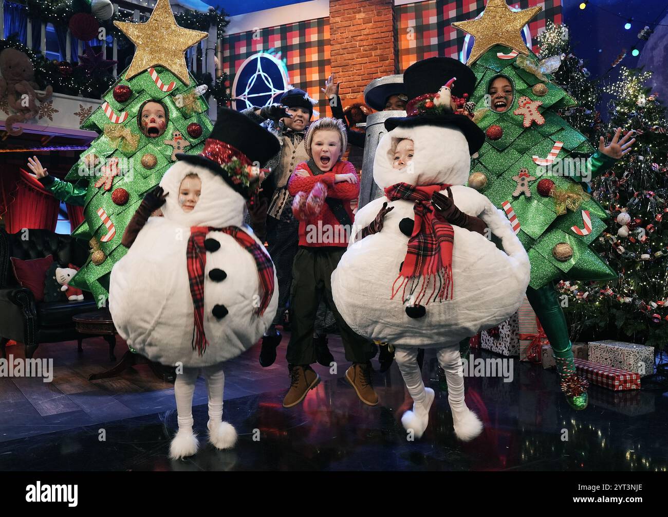 Young performers (from left) Emmy Nolan (9), from Carlow, Tara Dowling (5), from Carlow, Harley Wallace (9), from Cavan, Louis Hanna (6), from Dublin, Sophia Ngobeni (10), from Carlow, Cuinn O'Dowd (5), from Navan, and Layla Valentine (8), from Carlow, at the unveiling of the theme and set for The Late Late Toy Show, at the RTE studios in Dublin. Picture date: Thursday December 5, 2024. Stock Photo