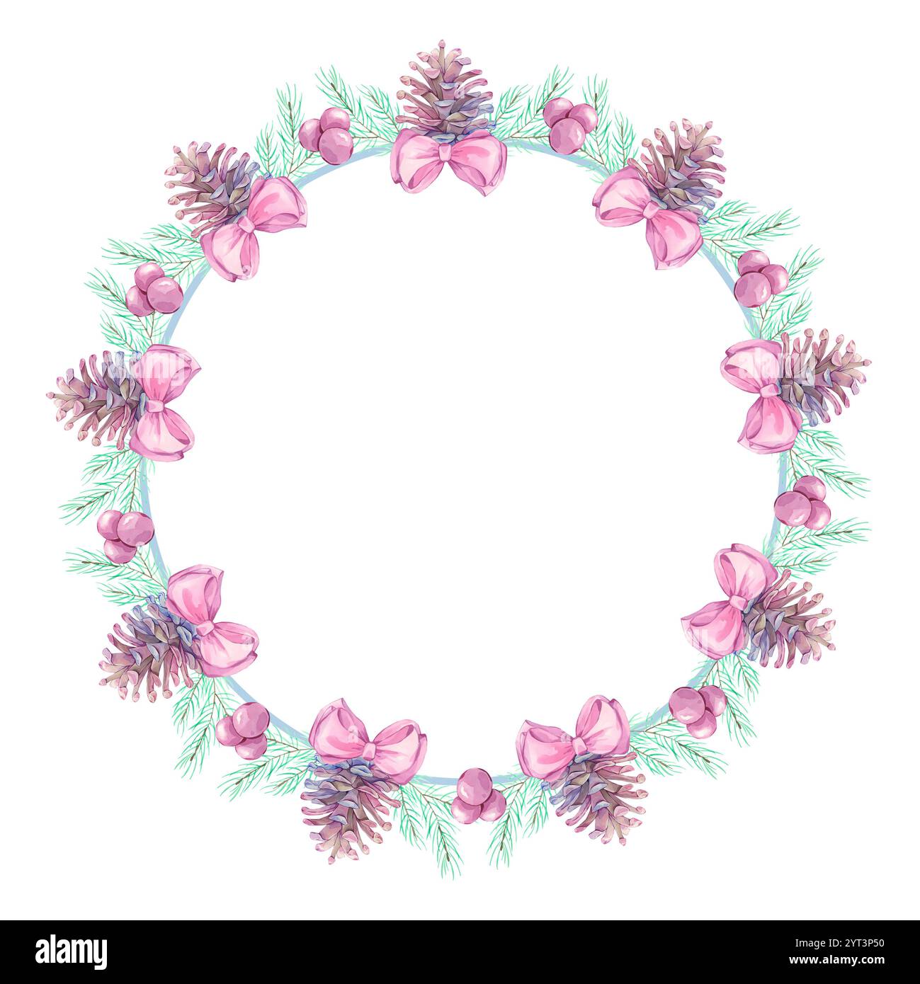 Wreath of spruce branches and cones with red berries and bows hand ...
