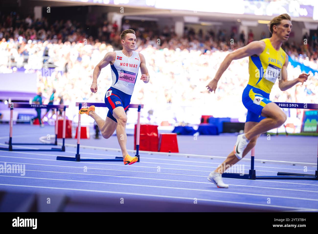 Karsten Warholm participating in the 400 meters hurdles at the Paris ...