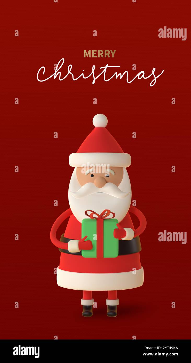 3d Cheerful cartoon Santa Claus holding green gift against a red ...