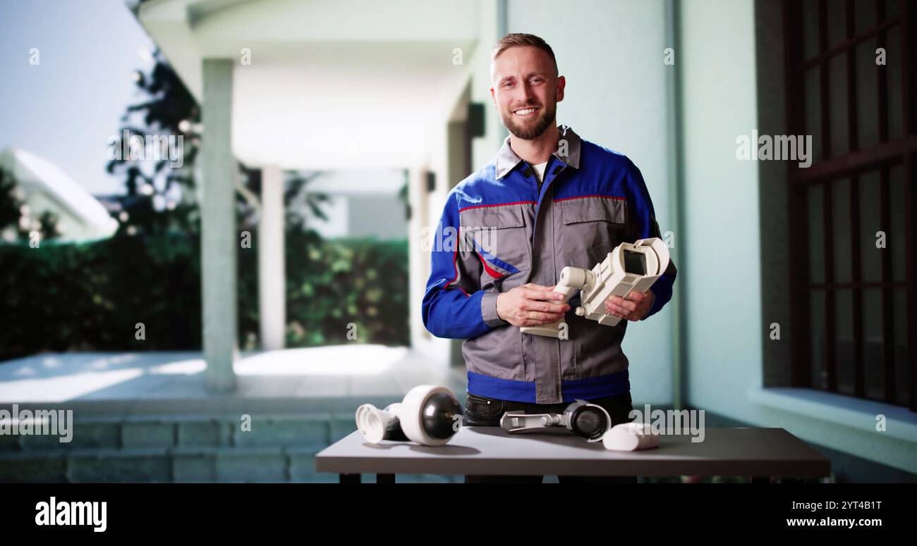 Technician Using Surveillance Security Camera Video System Stock Photo