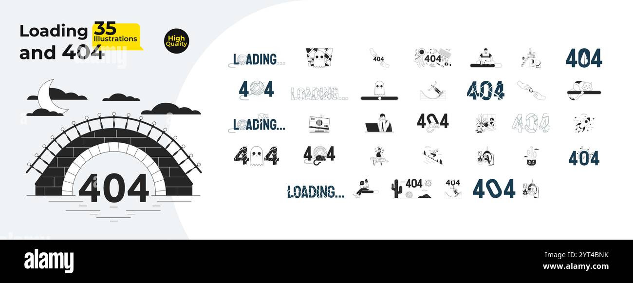 Loading and 404 error outline illustrations mega bundle Stock Vector