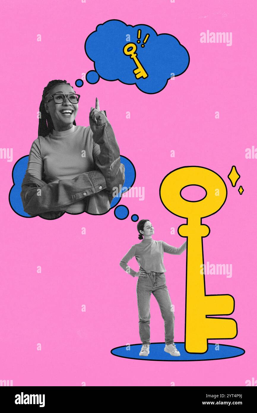 Two women with thought bubbles featuring yellow key, symbolizing ...
