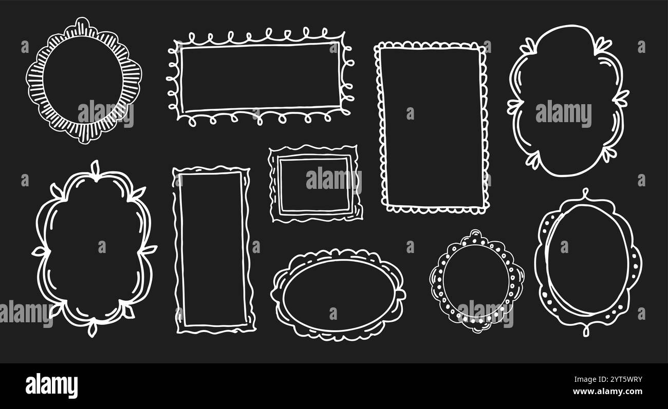 Doodle coquettish frames set. Hand drawn vector crayon design. Stock Vector