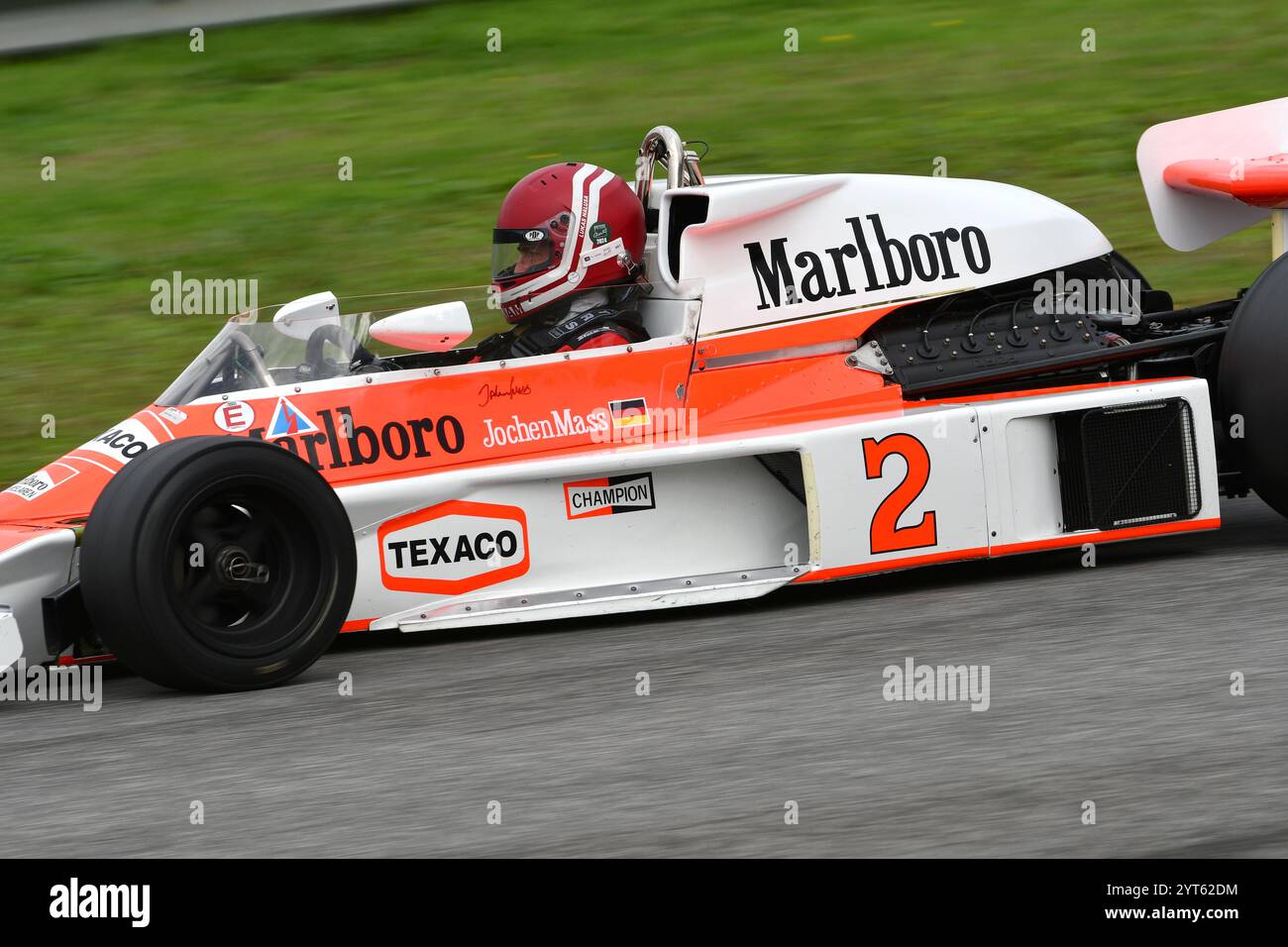 Scarperia, Italy - October 12th 2024: McLaren M23 of year 1976 ex Johen Mass and James Hunt drive by unknown in action during practice session at Muge Stock Photo