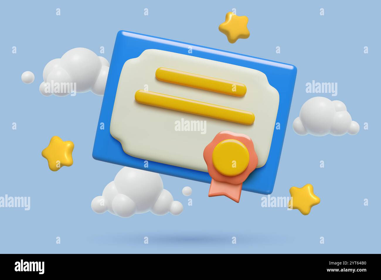 Certificate, diploma or license 3d icon with a badge, stars and clouds on blue background. Vector illustration. Stock Vector