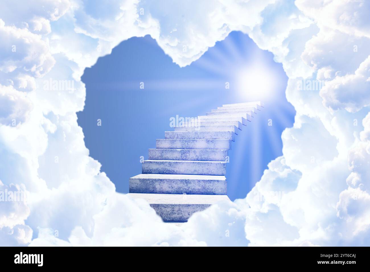 Stairs leading to light in sky, view through heart shaped gap in clouds. Love of God, concept Stock Photo