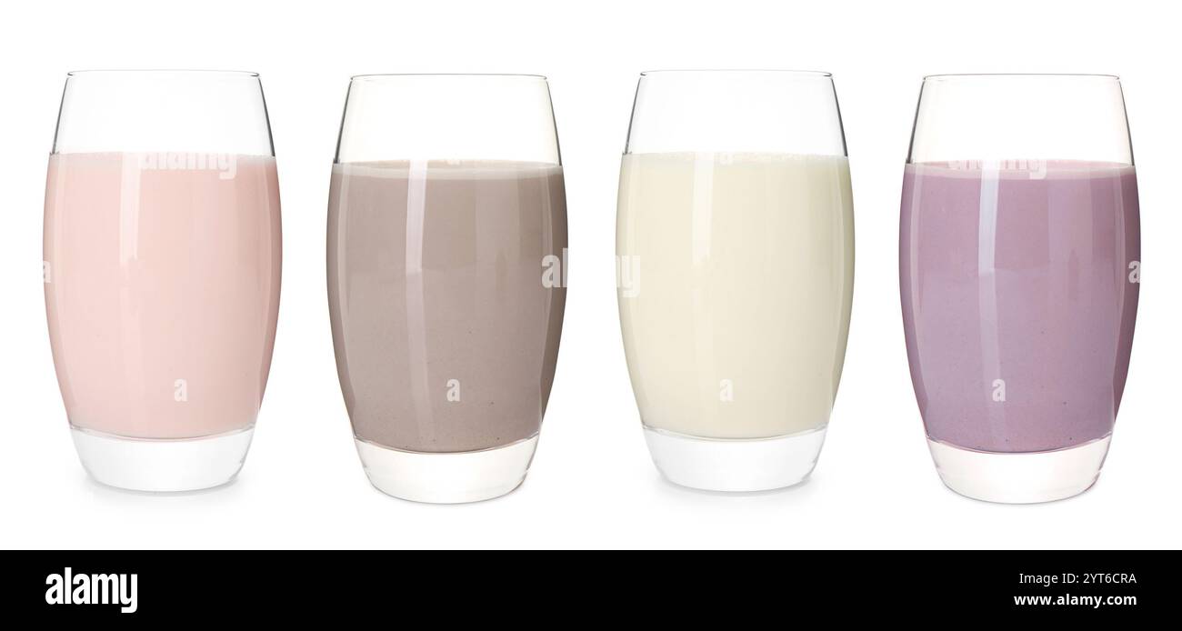 Diff Shakes Protein shakes of different flavors in glasses isolated on white, set ...