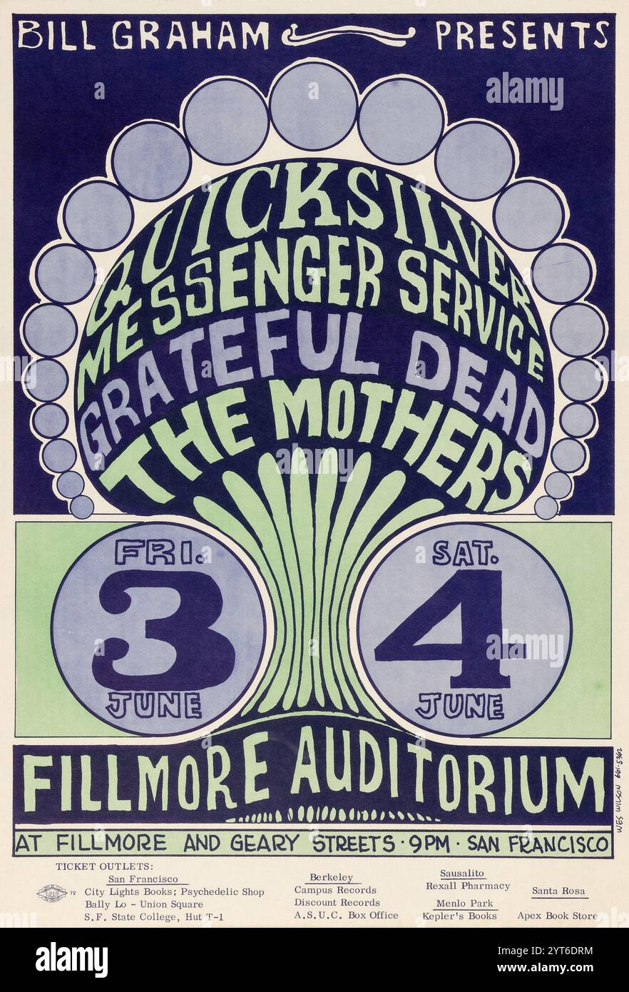 Quicksilver Messenger Service, Grateful Dead, Frank Zappa and The Mothers, June 3, 4, 1966 Fillmore Auditorium, Vintage Concert Poster. Artwork by Wes Wilson Stock Photo