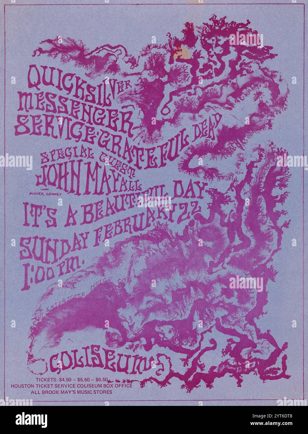 Quicksilver Messenger Service, Grateful Dead, It's a beautiful day, John Mayall - Coliseum Houston, Texas - Psychedelic Concert Poster. 1970 Stock Photo