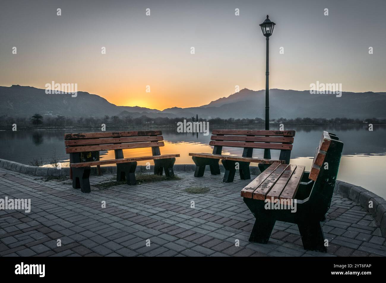 Majestic sunset at Uchali Lake: A Serene Natural Gem in the Heart of Soan Valley Stock Photo