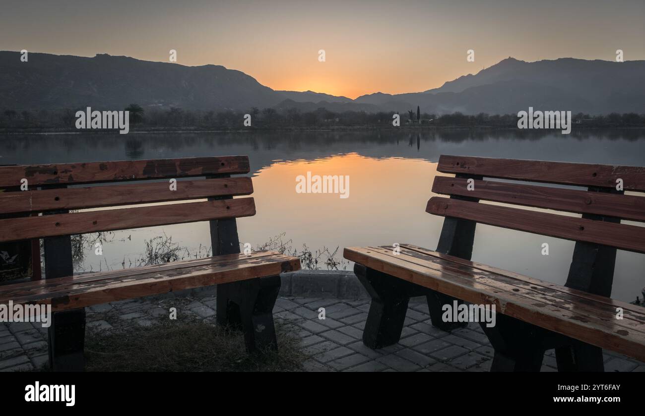 Majestic sunset at Uchali Lake: A Serene Natural Gem in the Heart of Soan Valley Stock Photo