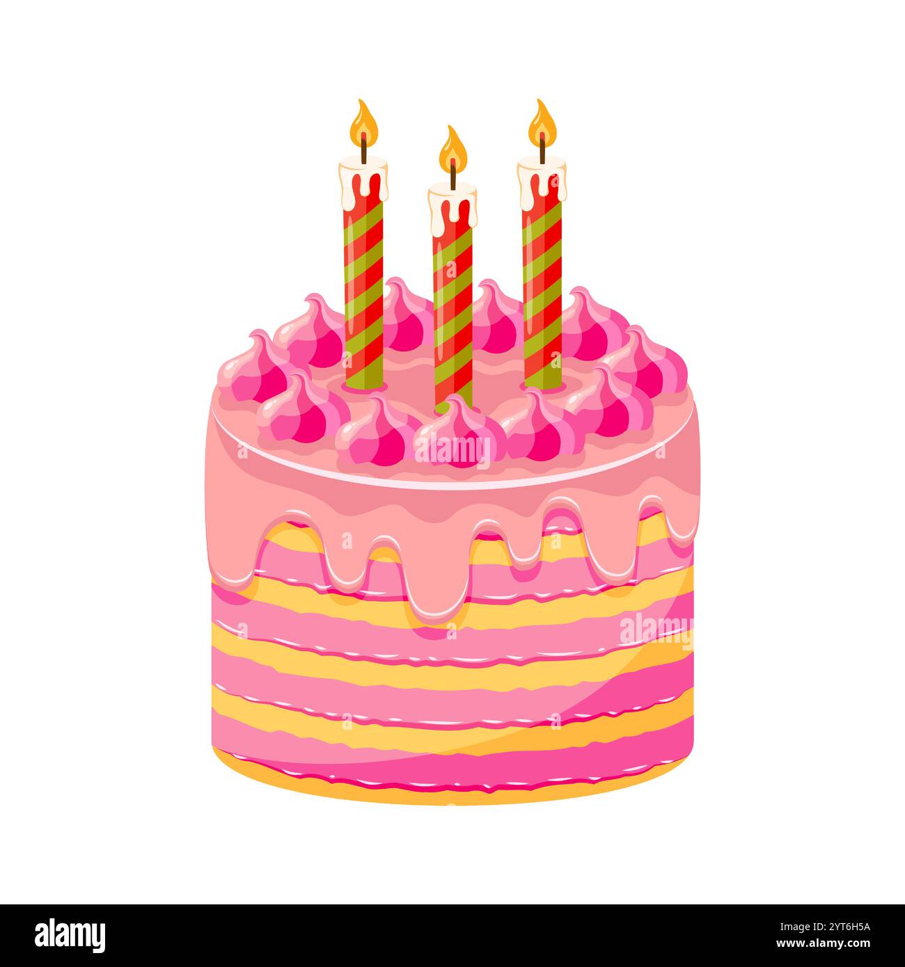 Layered pink birthday cake with three lit striped candles on white ...