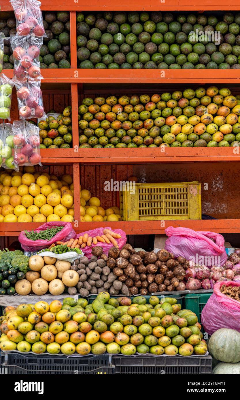 Fresh produce of fruits and vegetables on an outdoor stand in Addis ...