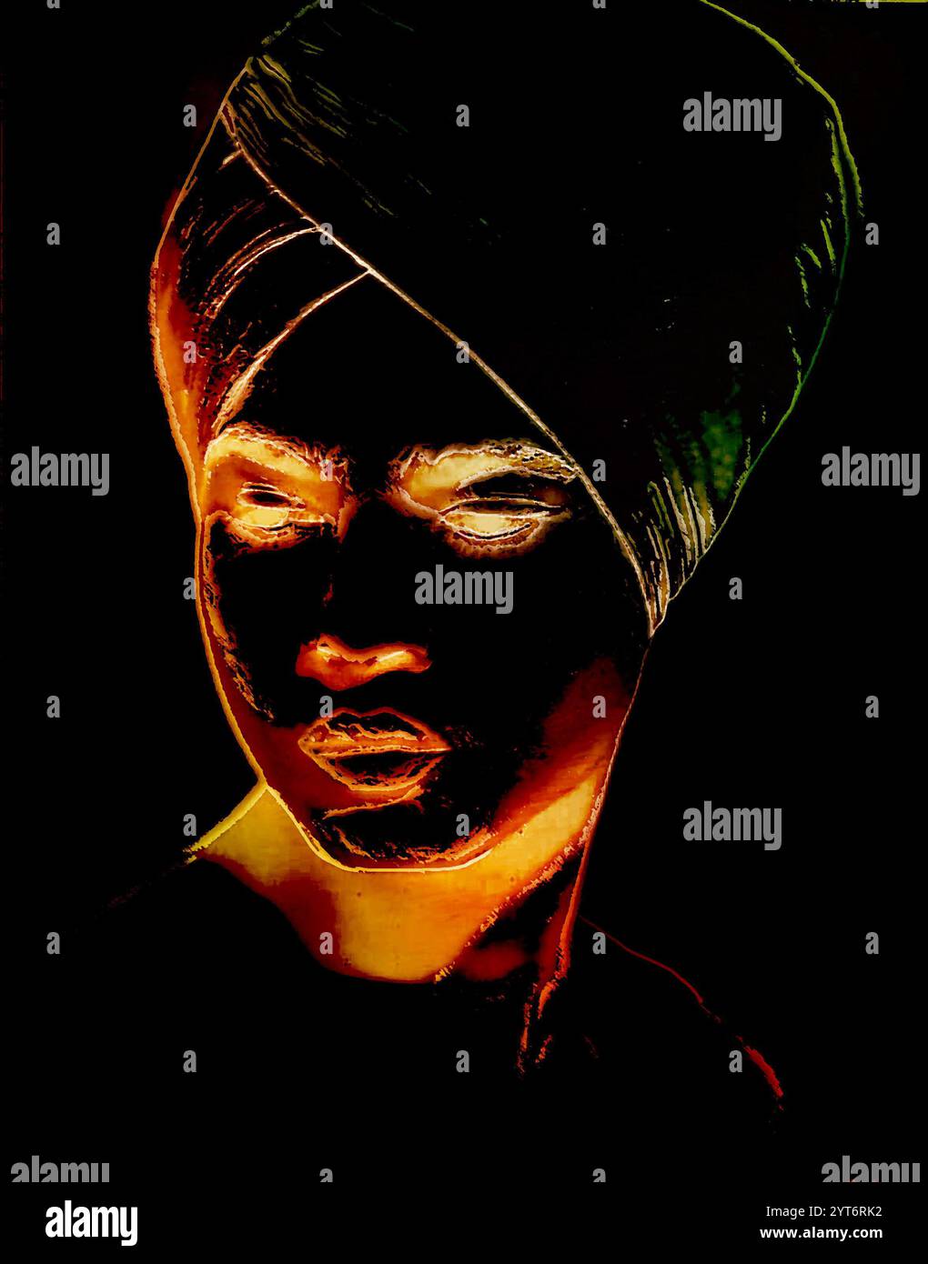 Art, moody illustration of a genie, djinn, or jinn invisible spirit of Arabian Middle Eastern myth, appearing The Arabian Nights, panto film, books Stock Photo
