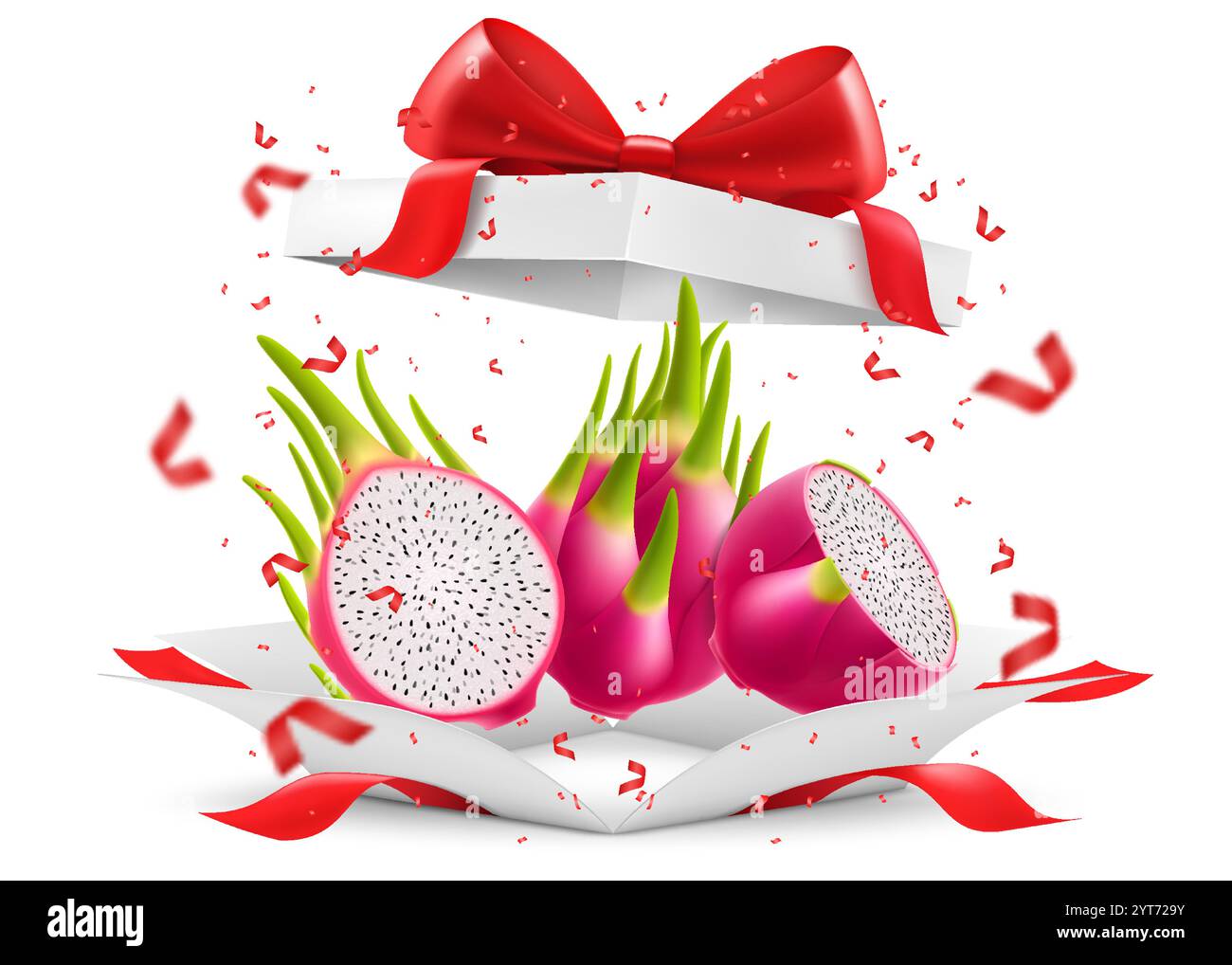 Exotic dragon fruit in open gift box with a red bow isolated on transparent background. Fresh ripe Pitaya with white flesh and seeds. Summer tropical Stock Vector