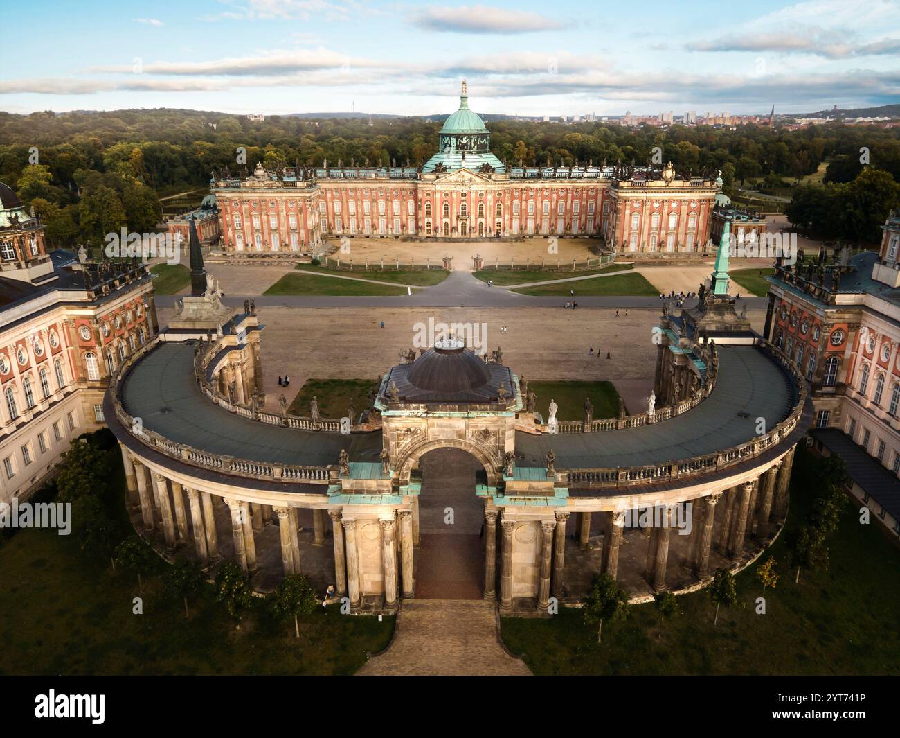 Stunning aerial view of Castle Sanssouci New Palace, a magnificent baroque palace in Potsdam, Germany, featuring its grand architecture, and historic charm - Potsdam University Stock Photo