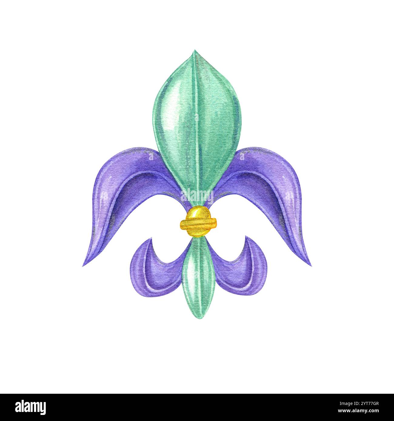 Watercolor Mardi gras fleur de lis symbol isolated background. Carnival purple, green and yellow element in lily flower shape. Decorative emblem Stock Photo